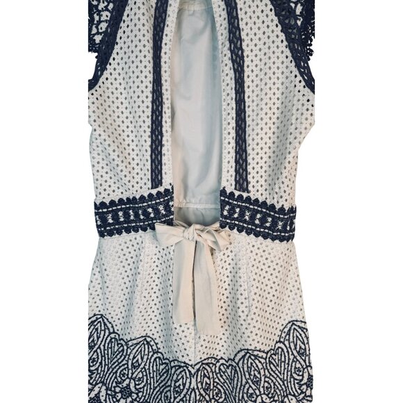 Saylor Ivory & Navy M Lace Embroidered Romper Open Back & Ribbon Tie Detail - Picture 8 of 15